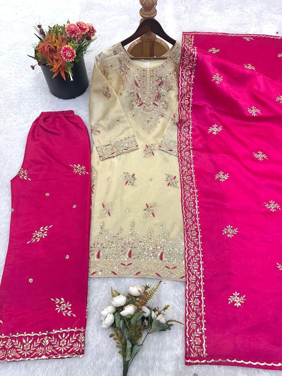 Hot Pink GMY SILK With Heavy Embroidery Sequence Designer Plazzo Suit Ready to Wear Designer Suits Shopin Di Apparels 