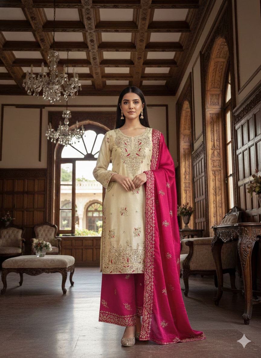 Hot Pink GMY SILK With Heavy Embroidery Sequence Designer Plazzo Suit Ready to Wear Designer Suits Shopin Di Apparels 