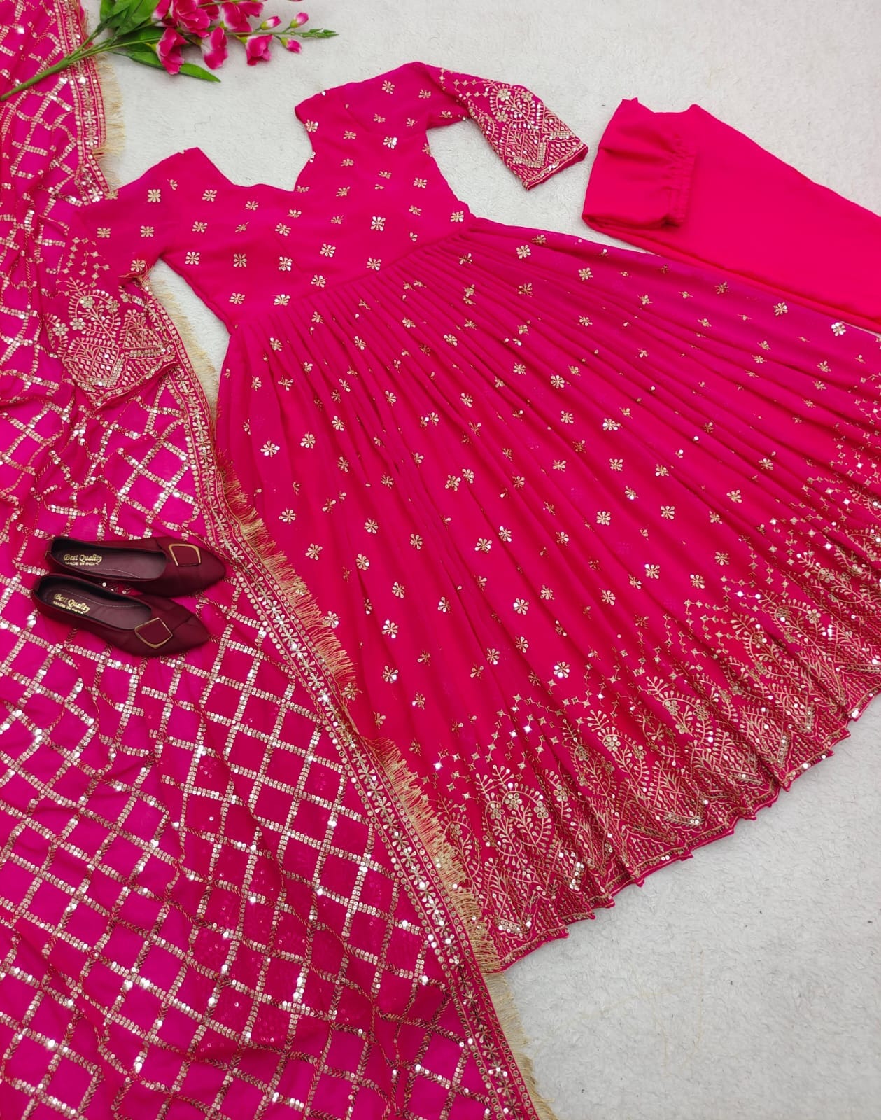 Hot Pink Heavy Fox Georgette Sequence Work Designer Gown with Dupatta and Pant Designer Suits Shopin Di Apparels 