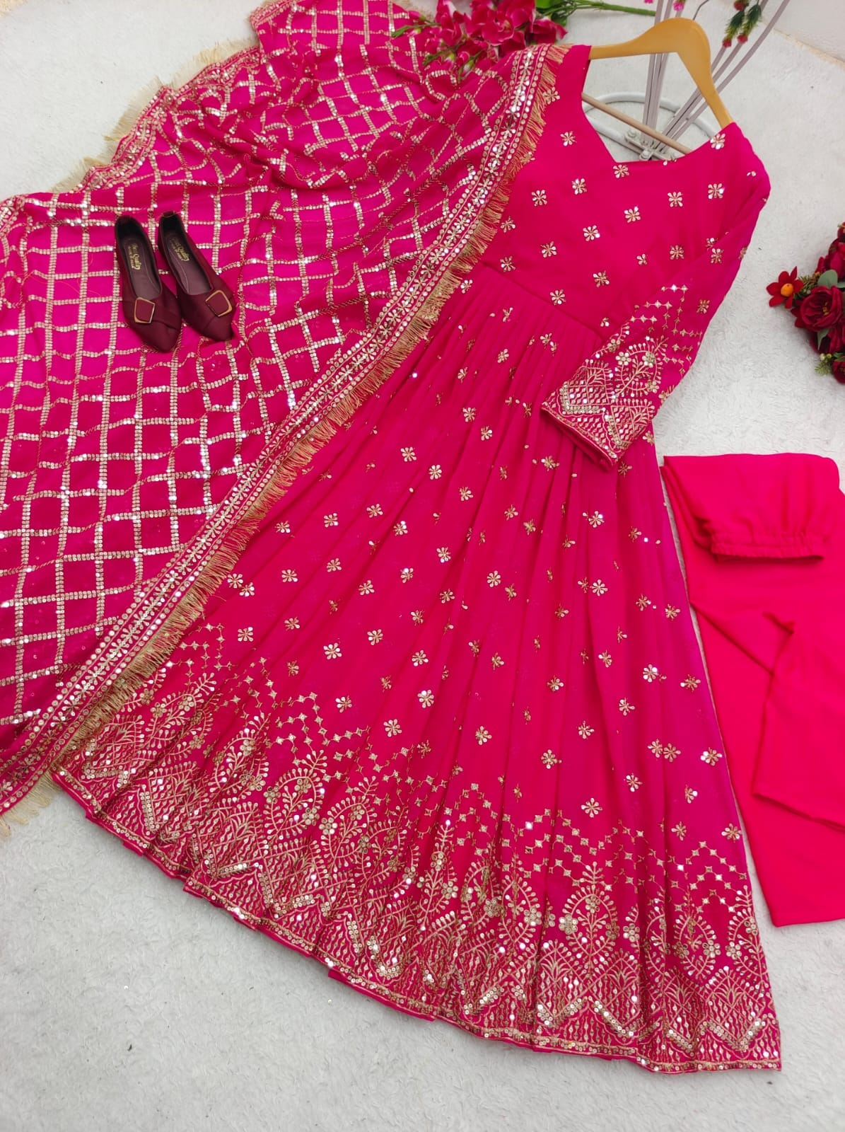 Hot Pink Heavy Fox Georgette Sequence Work Designer Gown with Dupatta and Pant Designer Suits Shopin Di Apparels 