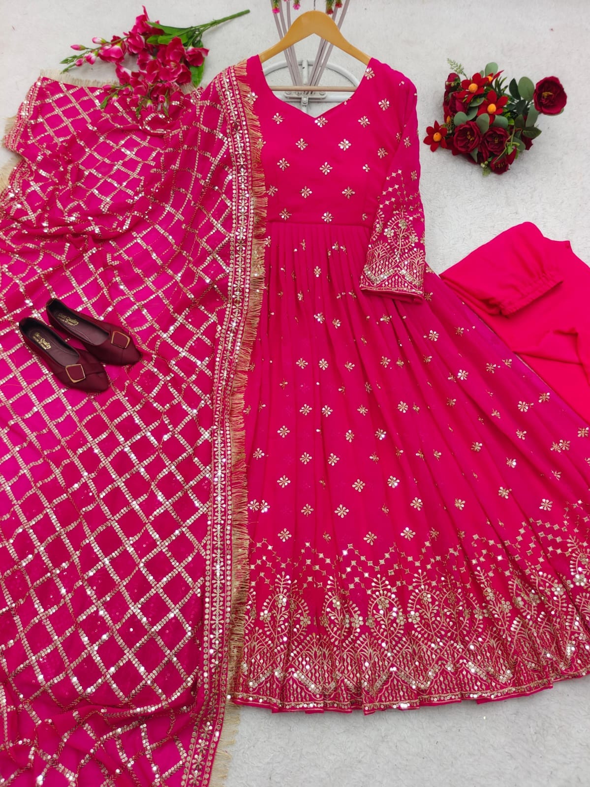 Hot Pink Heavy Fox Georgette Sequence Work Designer Gown with Dupatta and Pant Designer Suits Shopin Di Apparels 