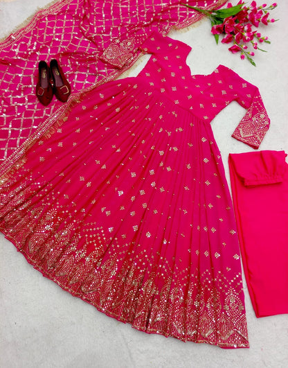Hot Pink Heavy Fox Georgette Sequence Work Designer Gown with Dupatta and Pant Designer Suits Shopin Di Apparels 