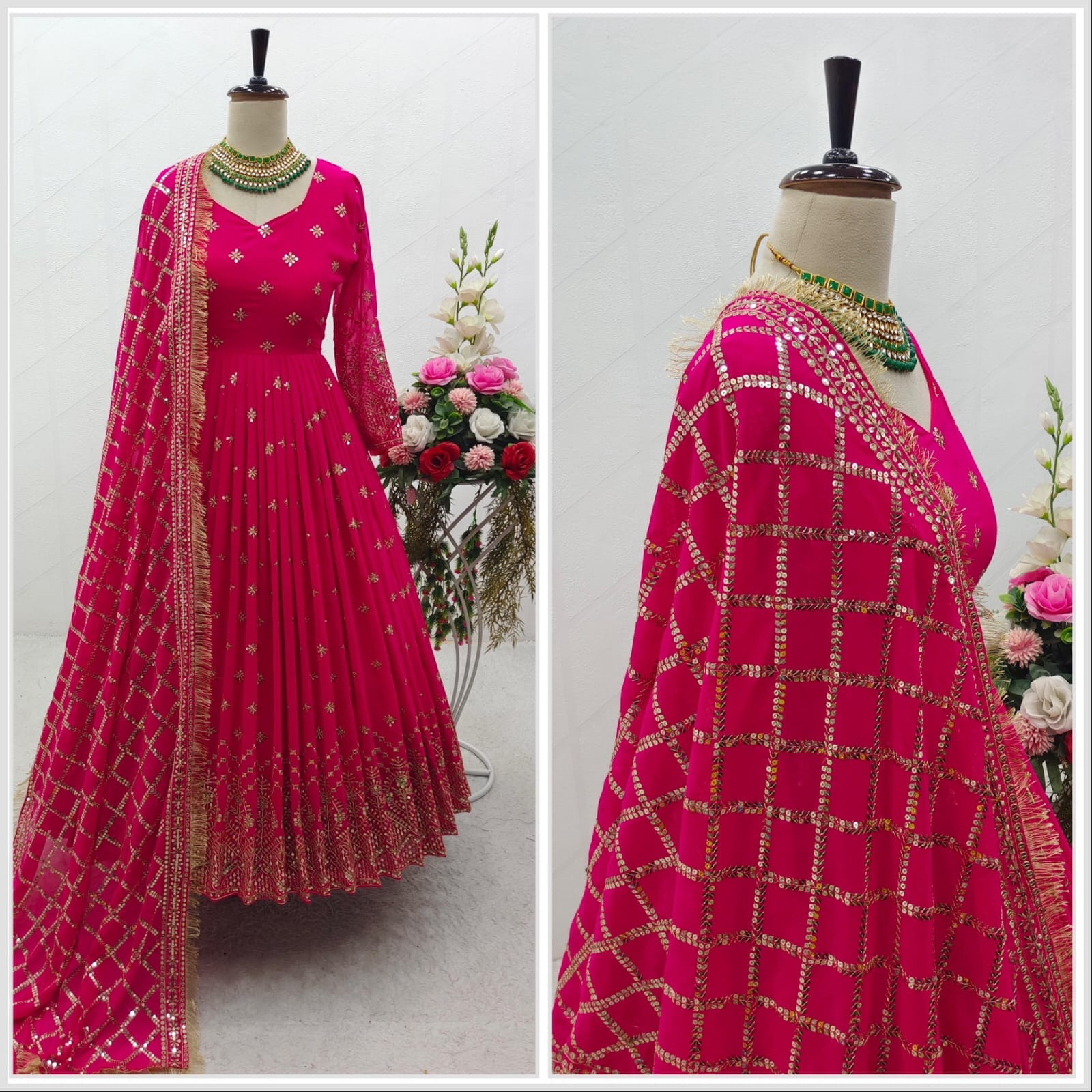 Hot Pink Heavy Fox Georgette Sequence Work Designer Gown with Dupatta and Pant Designer Suits Shopin Di Apparels 