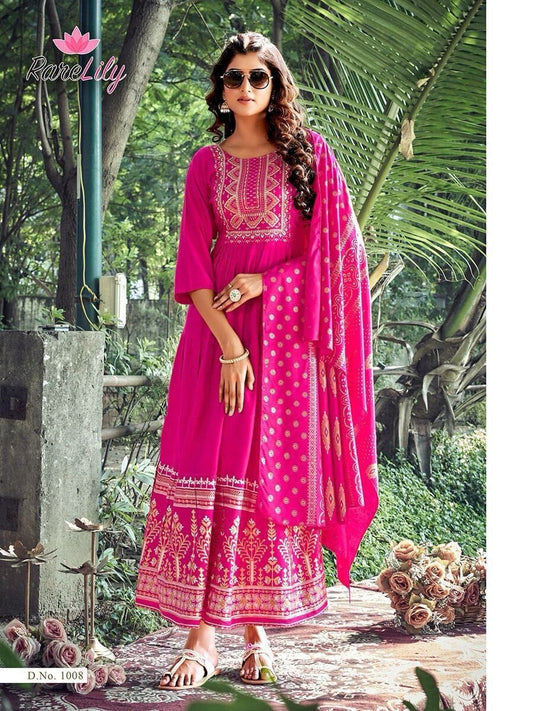 Hot Pink Heavy Rayon Foil Printed Long Gown Kurti with Dupatta Gown with Dupatta Shopin Di Apparels