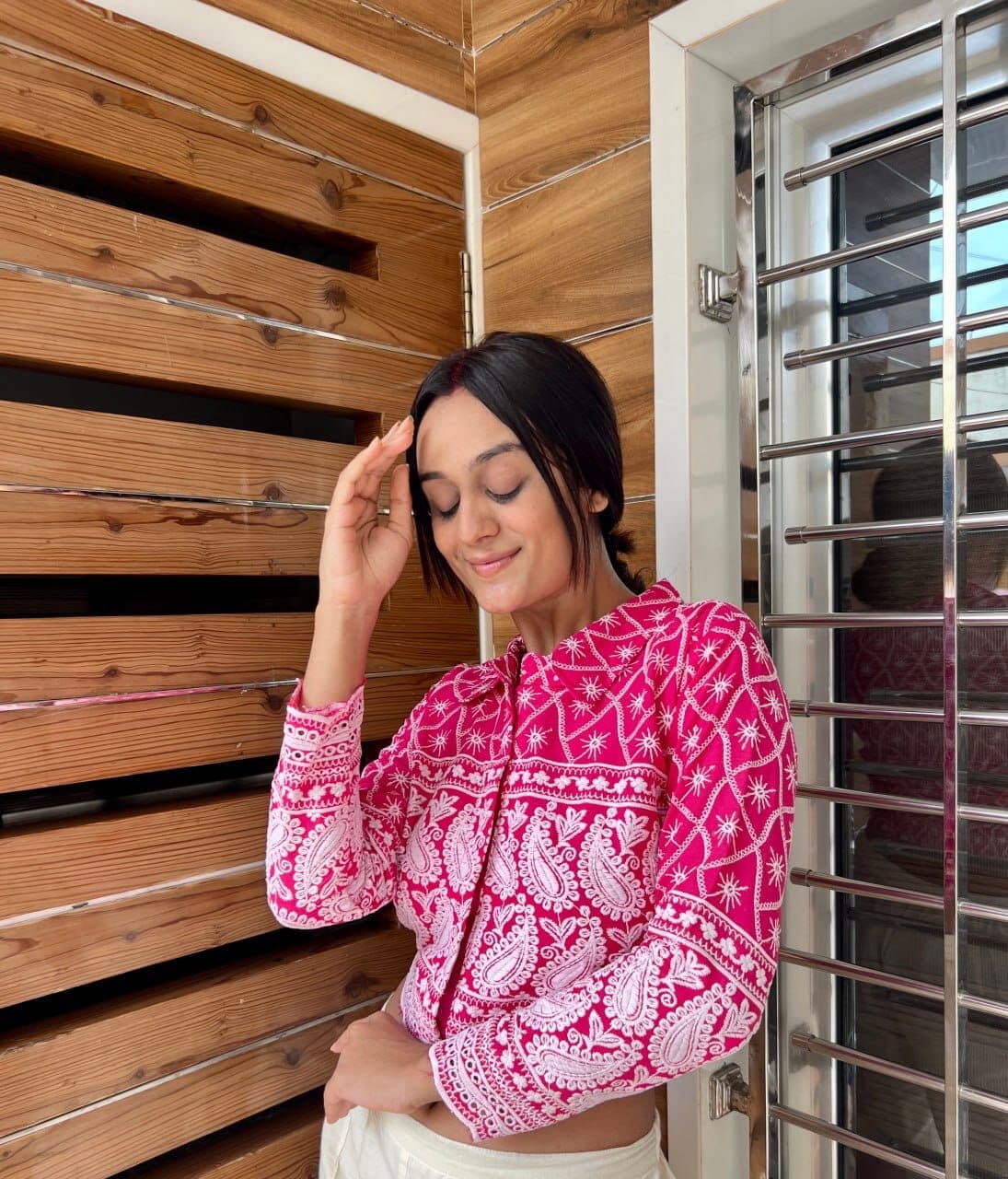 Hot Pink Lucknowi Sequence Work with Long Sleeve Western Crop Top Western Tops Shopin Di Apparels 