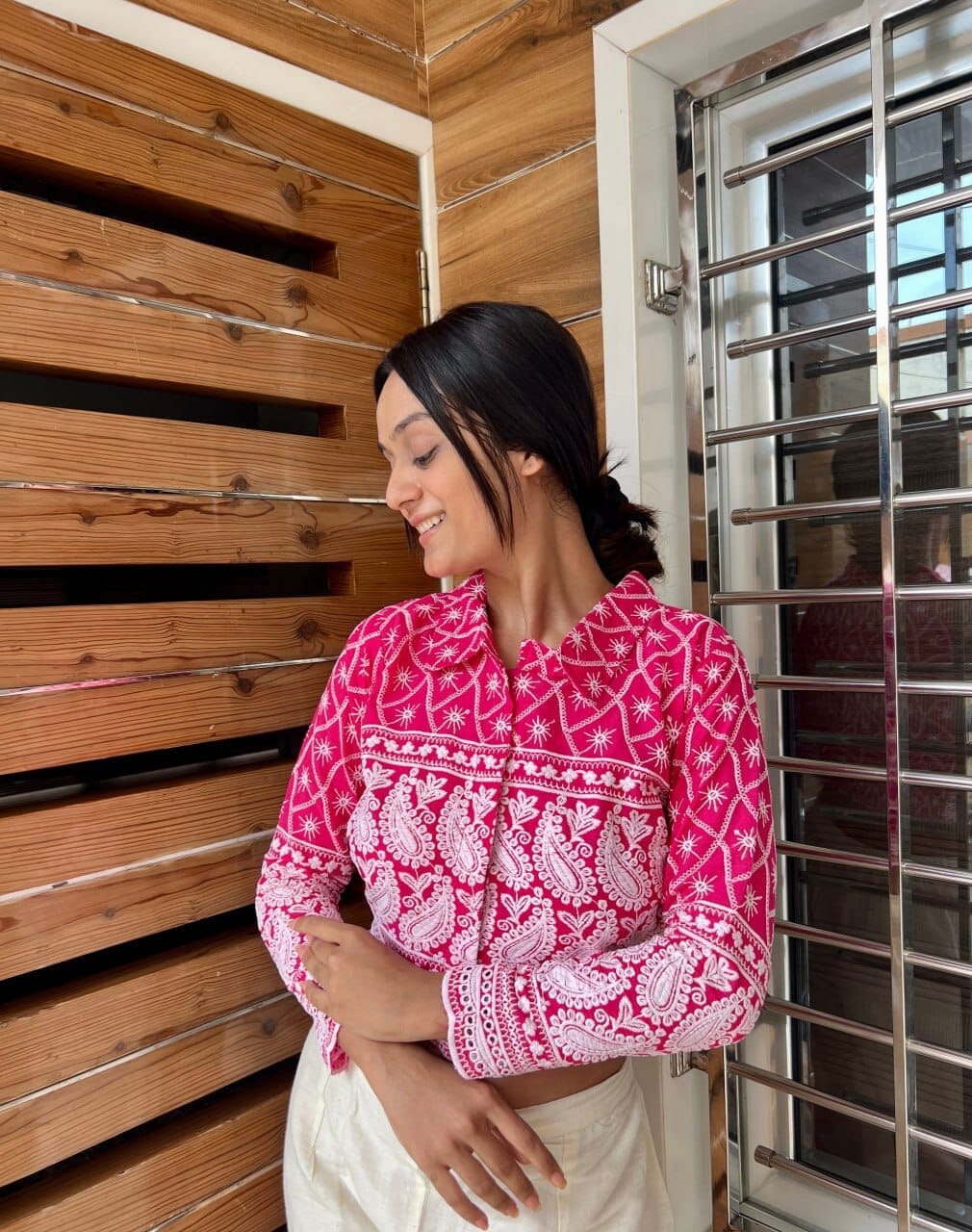 Hot Pink Lucknowi Sequence Work with Long Sleeve Western Crop Top Western Tops Shopin Di Apparels 