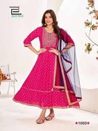 Hot Pink Rayon Anarkali Embroidered Kurti with Net Dupatta Gown with Dupatta Shopin Di Apparels 