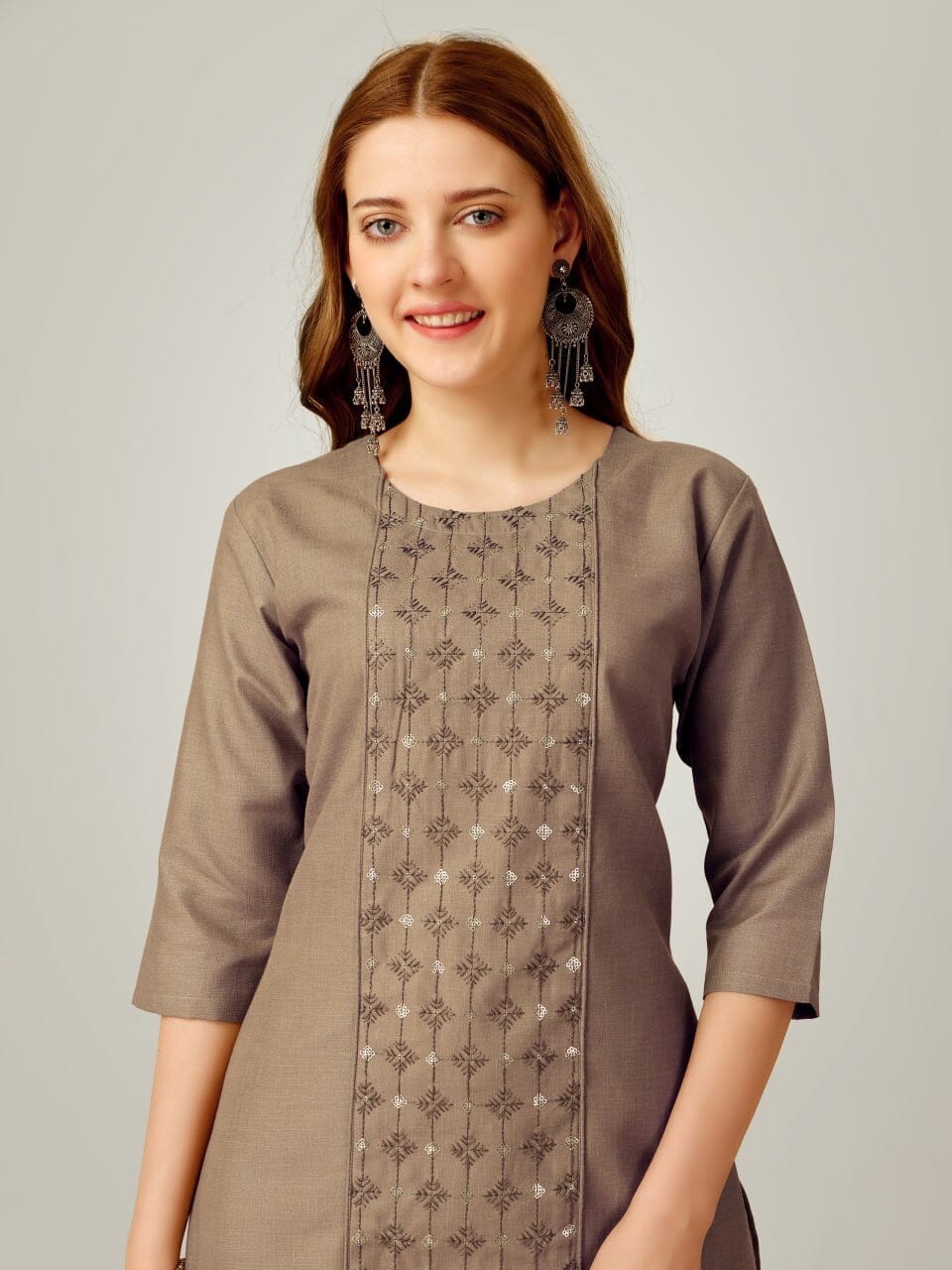 Khakhi Cotton Blend Sequence Embroidered Work Kurti with Pant Kurti with Pant Shopin Di Apparels 