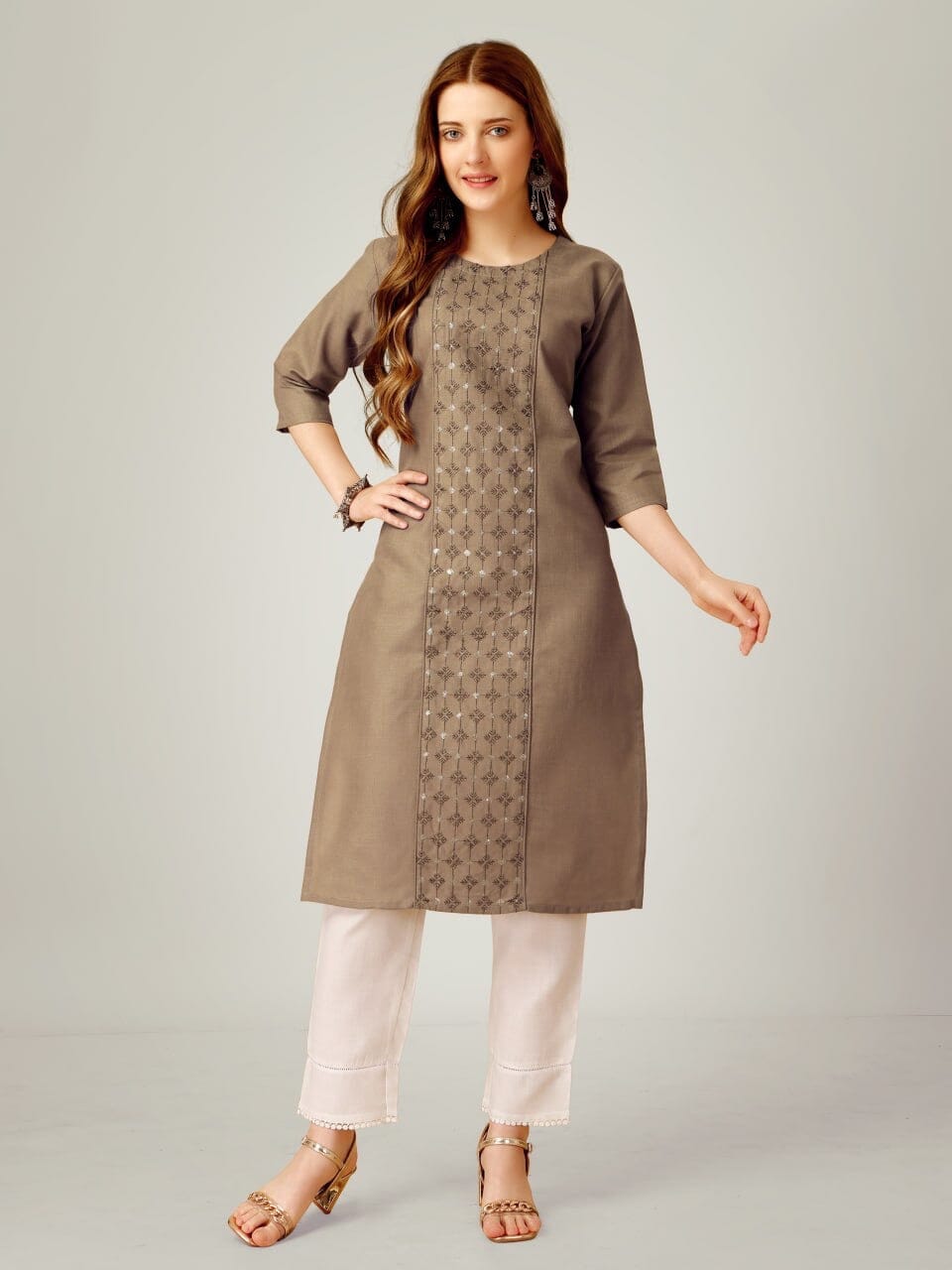 Khakhi Cotton Blend Sequence Embroidered Work Kurti with Pant Kurti with Pant Shopin Di Apparels 