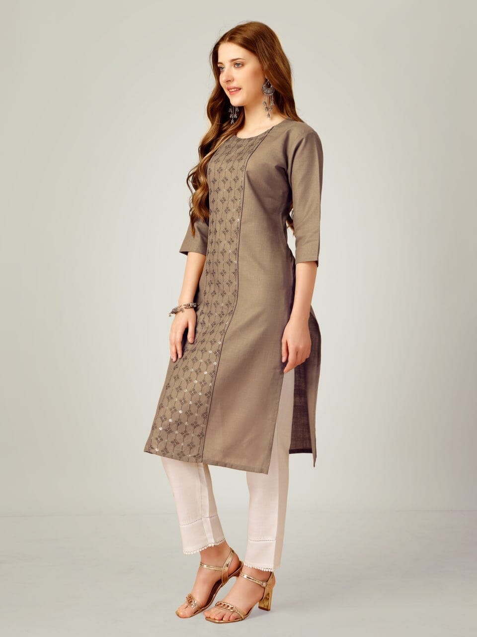 Khakhi Cotton Blend Sequence Embroidered Work Kurti with Pant Kurti with Pant Shopin Di Apparels 