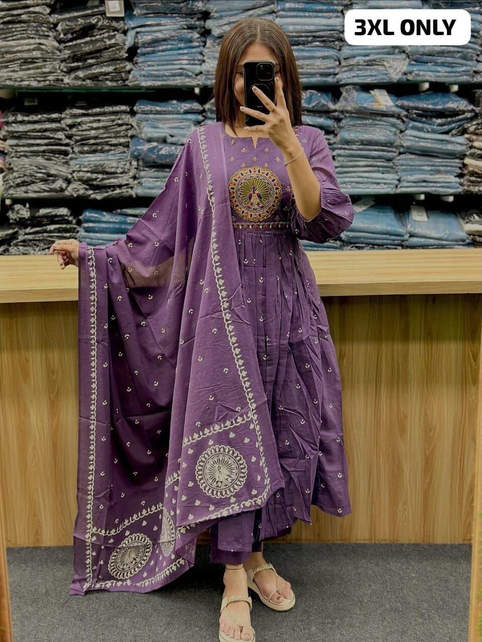 Lavender Purple Anarkali Cotton Kurti with Dupatta and Pant Kurti with Dupatta and Bottom Shopin Di Apparels 