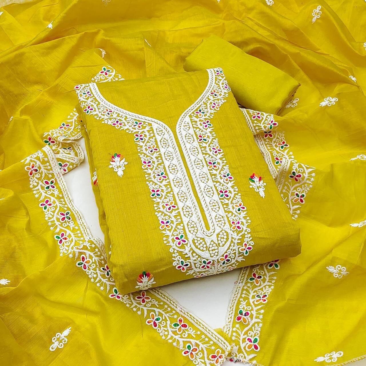 Lemon Yellow Heavy Chanderi Neck Embroidery Dress Material Dress Material Shopin Di Apparels 