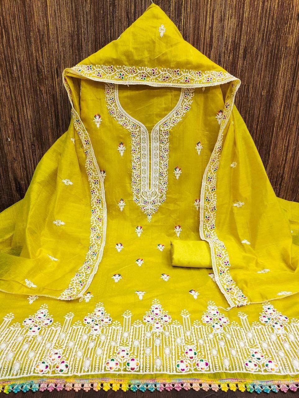 Lemon Yellow Heavy Chanderi Neck Embroidery Dress Material Dress Material Shopin Di Apparels 