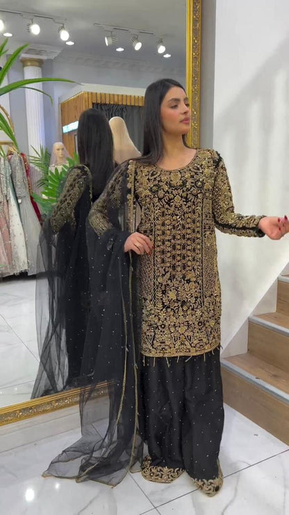 Lg 1818 Black Designer Heavy Georgette Sequence and Diamond Work Suit with Plazzo Ready Made Designer Suits Shopin Di Apparels 