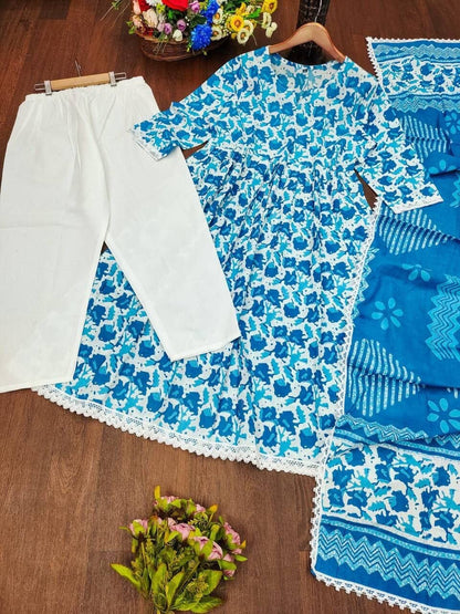 Light Blue Anarkali Kurti with Pant and Dupatta Kurti with Dupatta and Bottom Shopin Di Apparels 