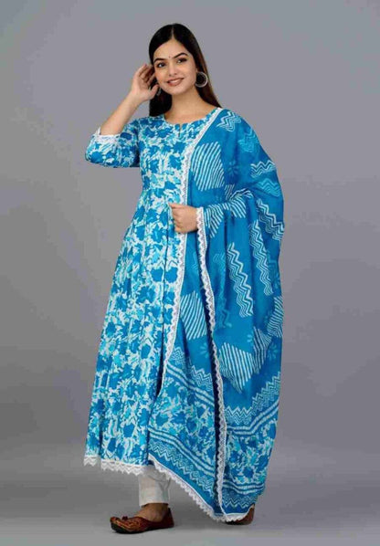 Light Blue Anarkali Kurti with Pant and Dupatta Kurti with Dupatta and Bottom Shopin Di Apparels 