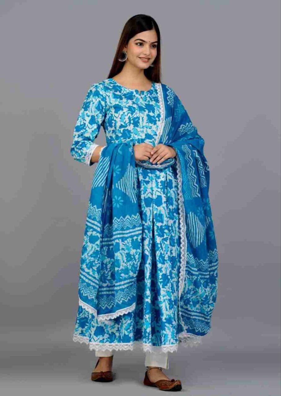 Light Blue Anarkali Kurti with Pant and Dupatta Kurti with Dupatta and Bottom Shopin Di Apparels 