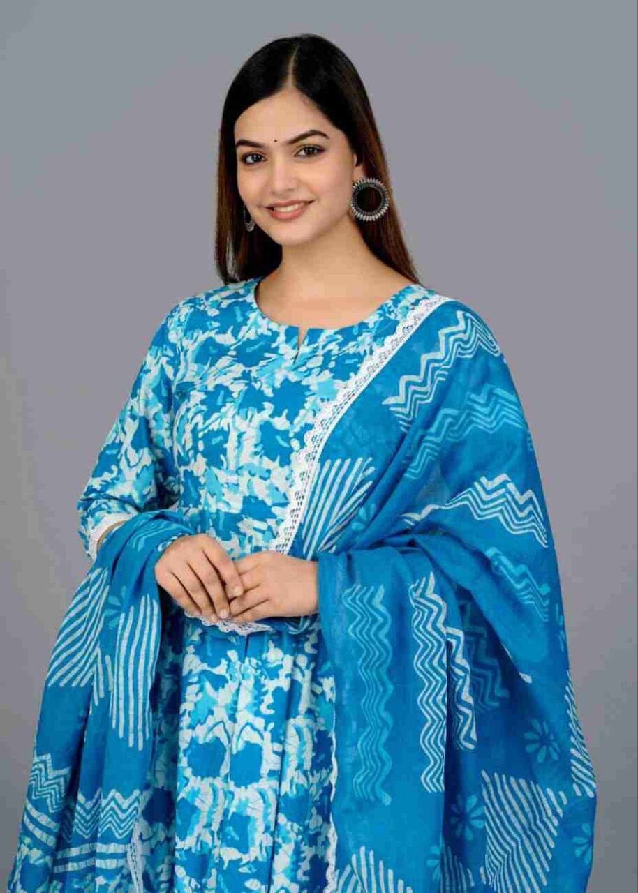 Light Blue Anarkali Kurti with Pant and Dupatta Kurti with Dupatta and Bottom Shopin Di Apparels 