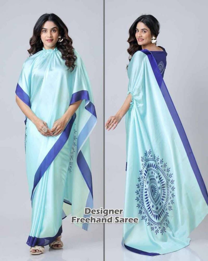 Light Blue Kc 888 Digital Printed Crepe Silk Ready to Wear Saree Ready to Wear Saree Shopin Di Apparels 