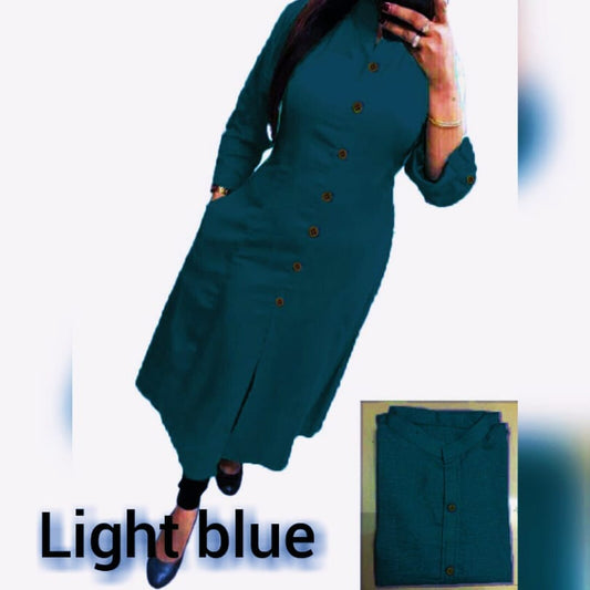 Light Blue Plain Collar Cotton Kurti with Button and Pockets Kurti Shopin Di Apparels