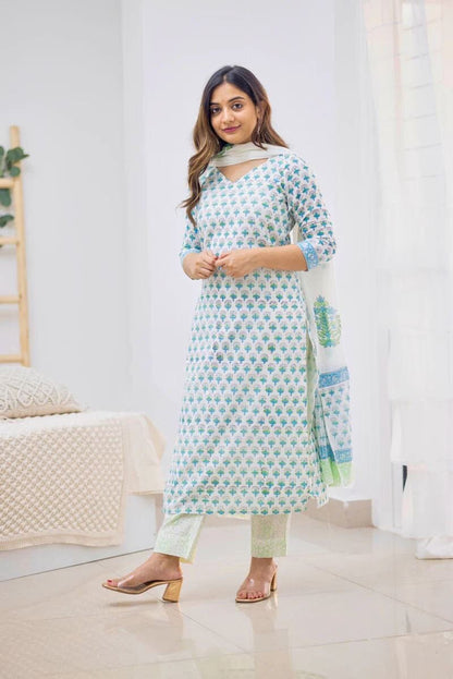 Light Blue Printed Cotton Designer Kurti with Dupatta and Bottom Kurti with Dupatta and Bottom Shopin Di Apparels 