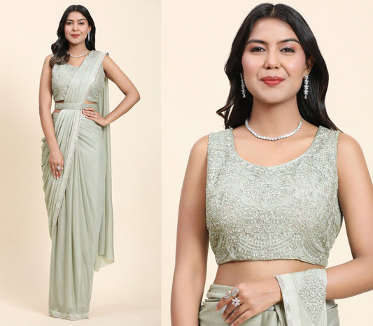Light Green Metallic Simmar Fabric with Handwork Belt Ready to Wear Saree Ready to Wear Saree Shopin Di Apparels 