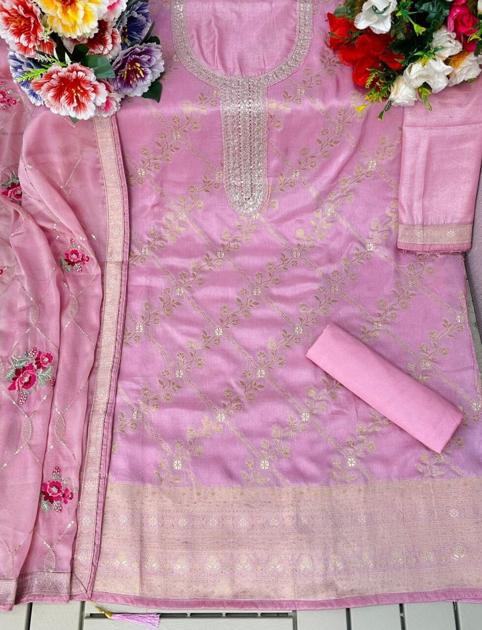 Light Pink Pure Viscose Jacquard Embroidered Stone work Designer Suit Designer Suits Shopin Di Apparels 