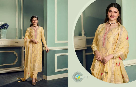 Light Yellow Pure Viscose Jacquard Embroidered Stone work Designer Suit Designer Suits Shopin Di Apparels 