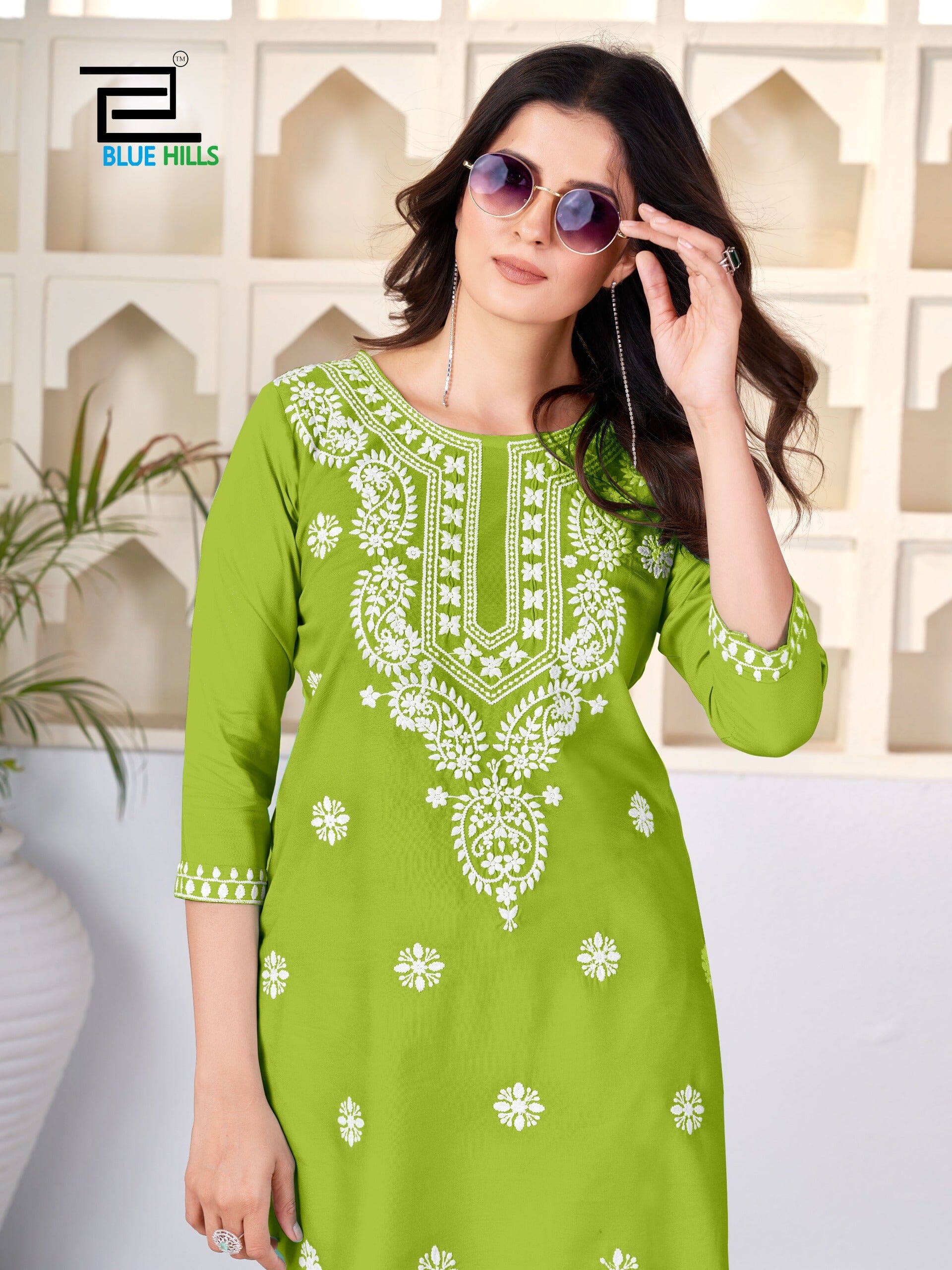 Lime Green Amelia Lucknavi Embroidery Rayon Short Kurti Kurti Shopin Di Apparels 