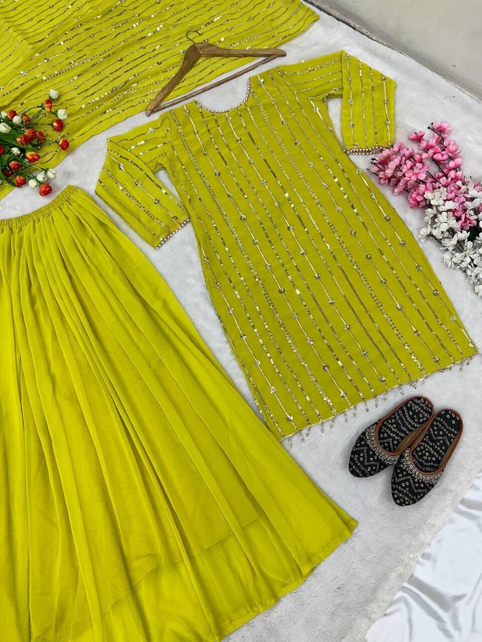 Lime Green Heavy Faux Georgette With Heavy Embroidery Sequence Plazzo Suit Designer Suits Shopin Di Apparels 