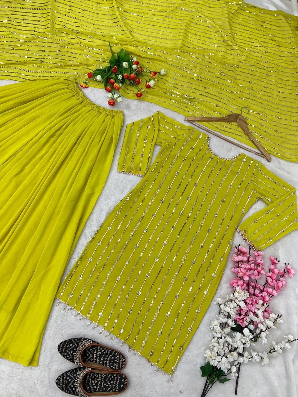 Lime Green Heavy Faux Georgette With Heavy Embroidery Sequence Plazzo Suit Designer Suits Shopin Di Apparels 