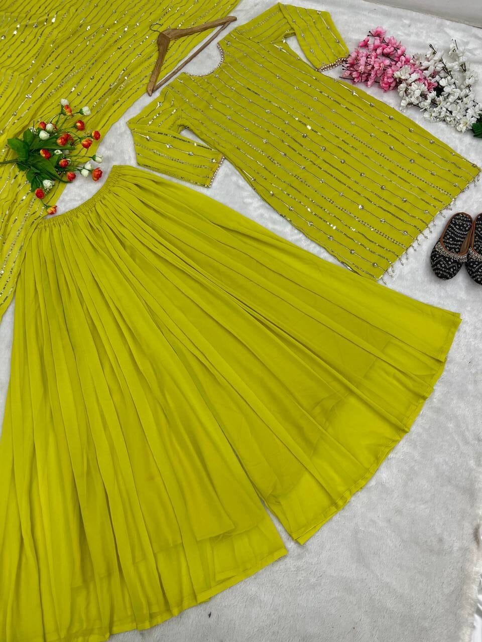 Lime Green Heavy Faux Georgette With Heavy Embroidery Sequence Plazzo Suit Designer Suits Shopin Di Apparels 