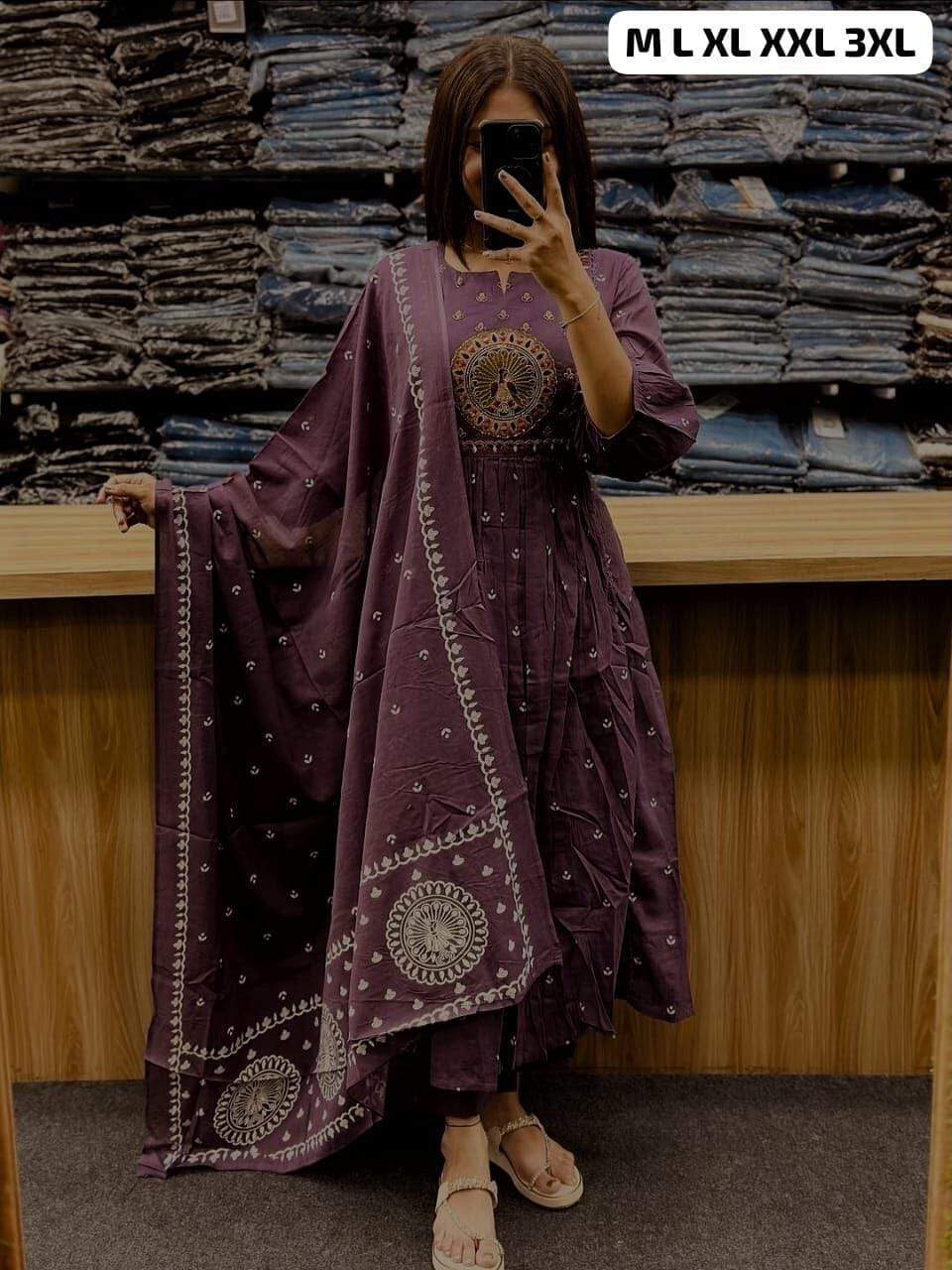 Majenta Anarkali Cotton Kurti with Dupatta and Pant Kurti with Dupatta and Bottom Shopin Di Apparels 