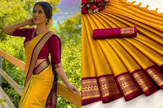 Mango Yellow Aura Silk Saree with matching blouse Silk Cotton Saree Shopin Di Apparels 