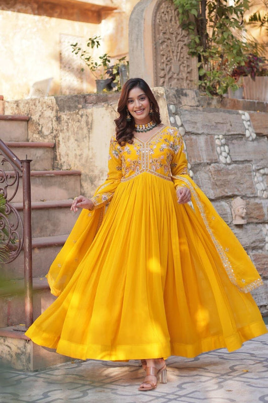 Mango Yellow Blooming Georgette Zari Work Designer Gown with Dupatta Gown with Dupatta Shopin Di Apparels 