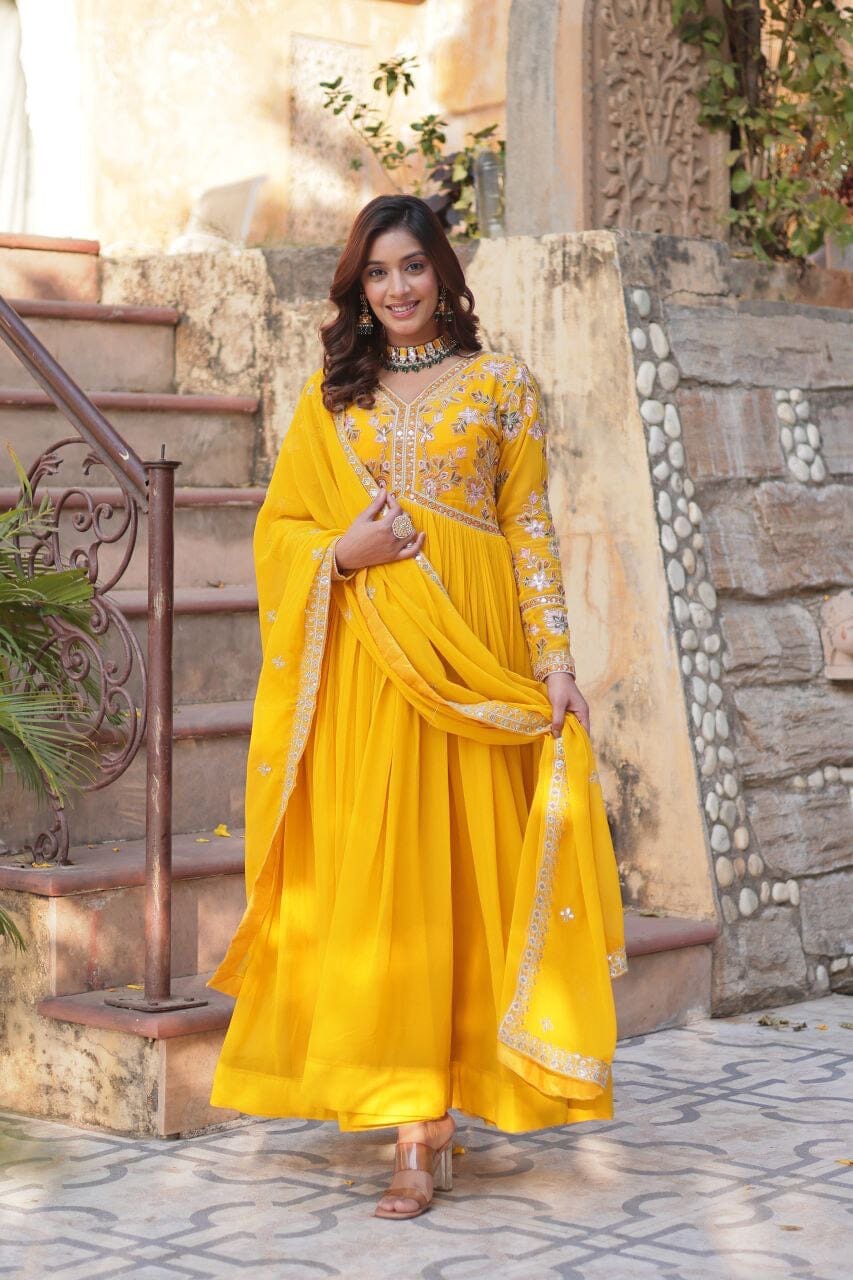 Mango Yellow Blooming Georgette Zari Work Designer Gown with Dupatta Gown with Dupatta Shopin Di Apparels 