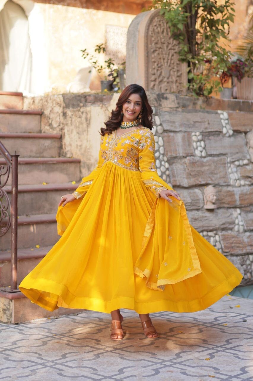 Mango Yellow Blooming Georgette Zari Work Designer Gown with Dupatta Gown with Dupatta Shopin Di Apparels 