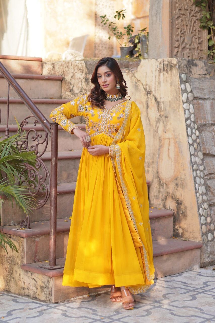 Mango Yellow Blooming Georgette Zari Work Designer Gown with Dupatta Gown with Dupatta Shopin Di Apparels 