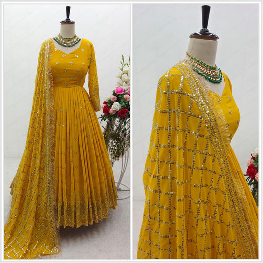 Mango Yellow Heavy Fox Georgette Sequence Work Designer Gown with Dupatta and Pant Designer Suits Shopin Di Apparels 