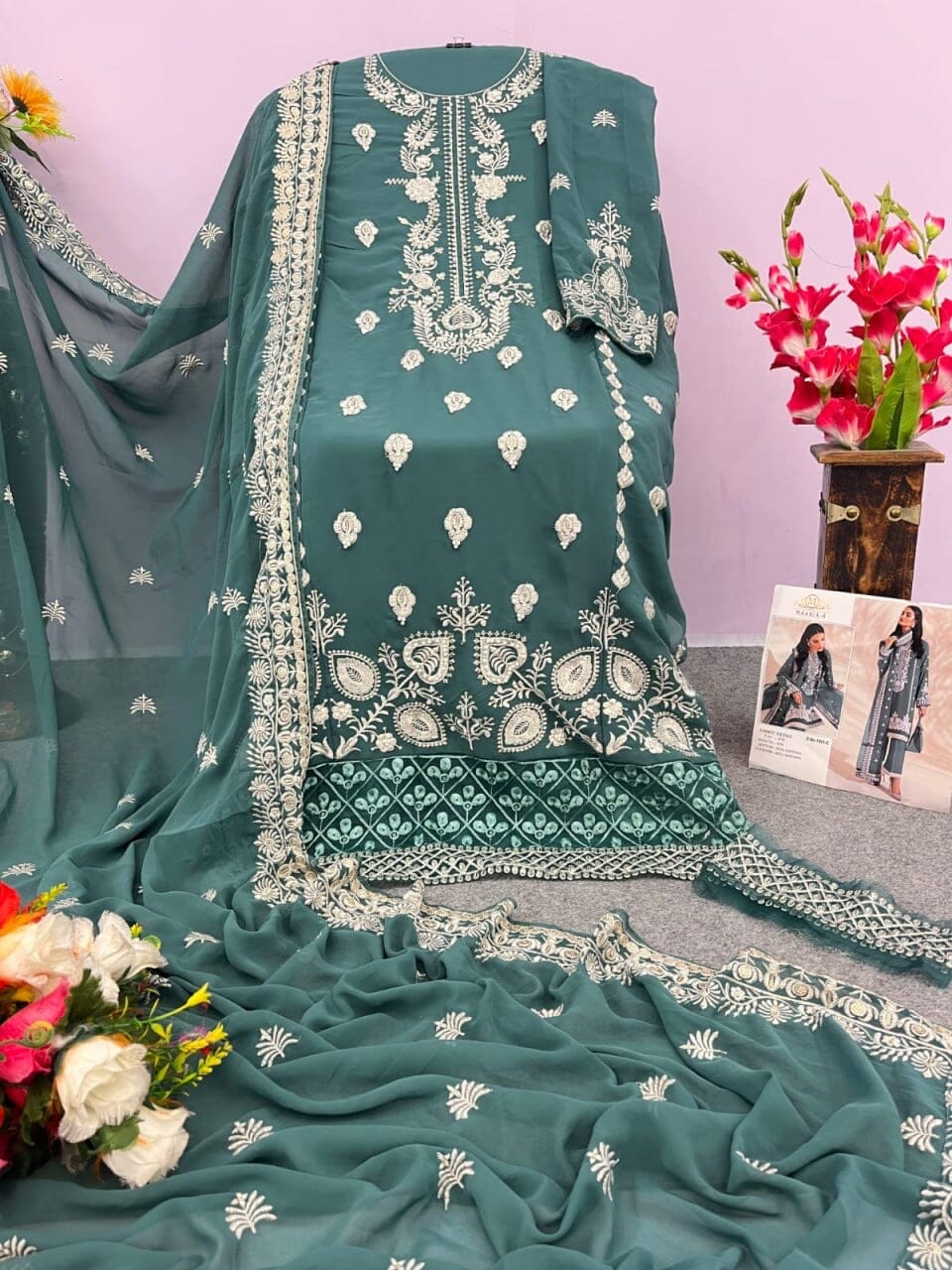 Maria 1061C Fox Georgette White Embroidery Pakistani Suit Designer Suits Shopin Di Apparels 