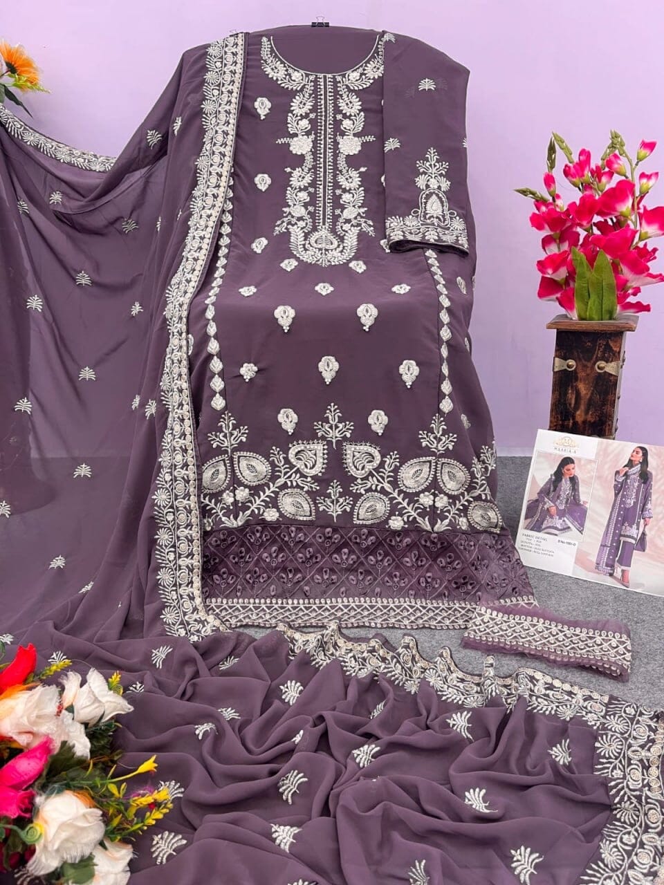 Maria 1061D Fox Georgette White Embroidery Pakistani Suit Designer Suits Shopin Di Apparels 
