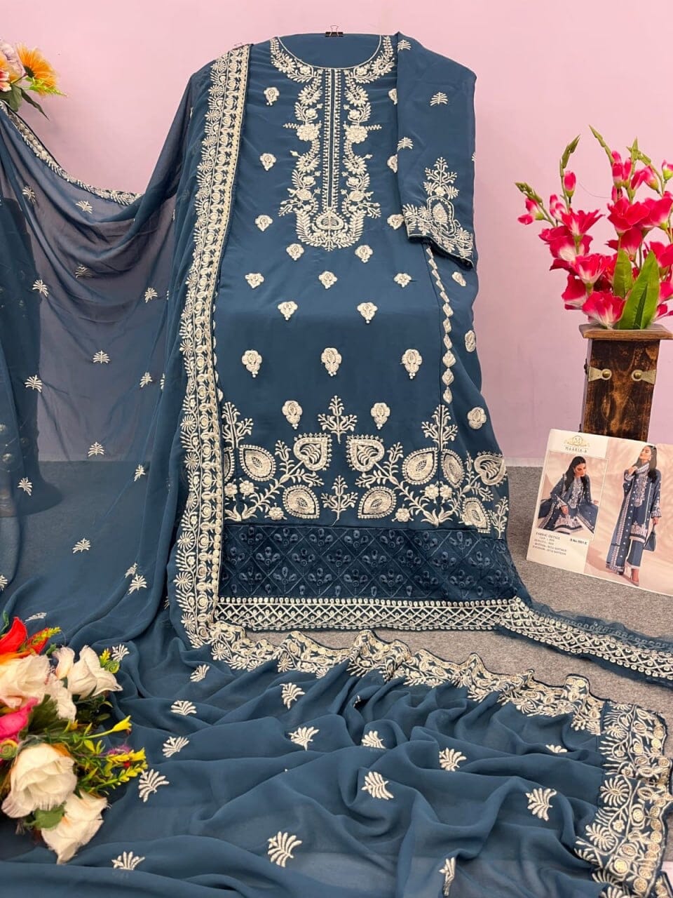 Maria 1061E Fox Georgette White Embroidery Pakistani Suit Designer Suits Shopin Di Apparels 