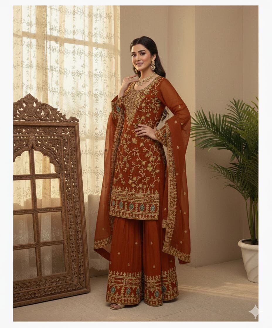 Maroon Designer Jimmy Choo Sequence Work Sharara suit Ready to Wear Designer Suits Shopin Di Apparels 