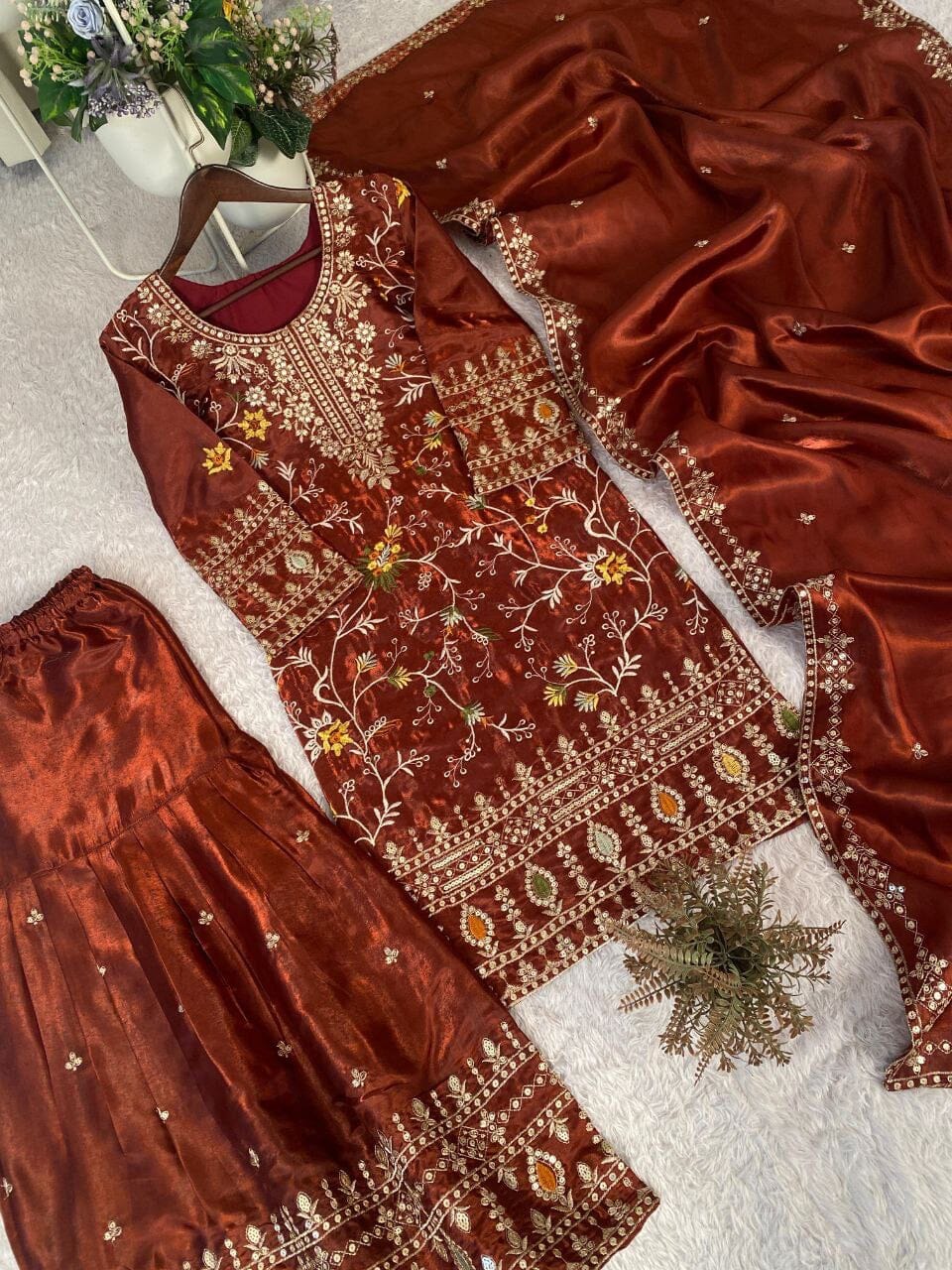 Maroon Designer Jimmy Choo Sequence Work Sharara suit Ready to Wear Designer Suits Shopin Di Apparels 