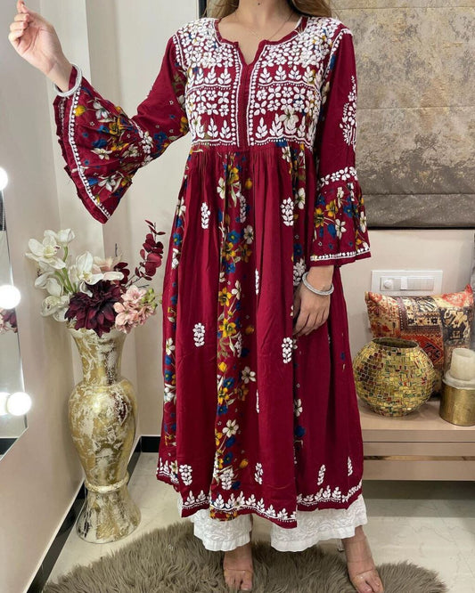 Maroon Designer Rayon Kurti with White Embroidery and Plazzo set Kurti with Pant Shopin Di Apparels 