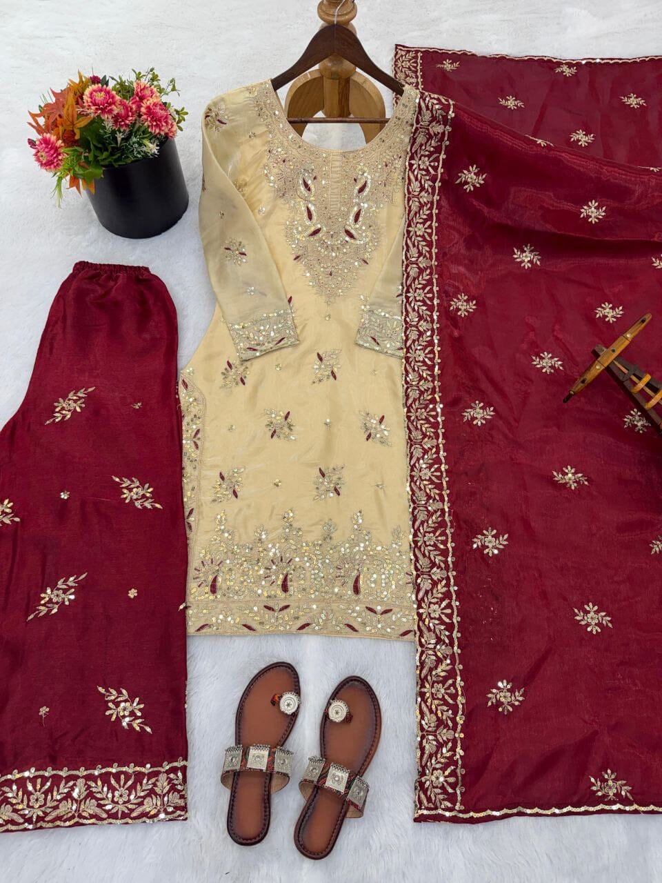 Maroon GMY SILK With Heavy Embroidery Sequence Designer Plazzo Suit Ready to Wear Designer Suits Shopin Di Apparels 