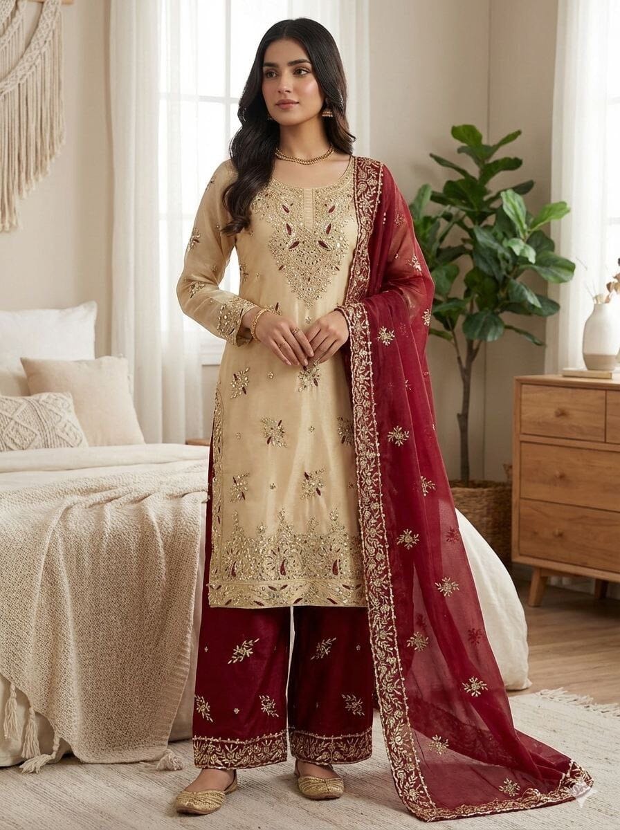 Maroon GMY SILK With Heavy Embroidery Sequence Designer Plazzo Suit Ready to Wear Designer Suits Shopin Di Apparels 