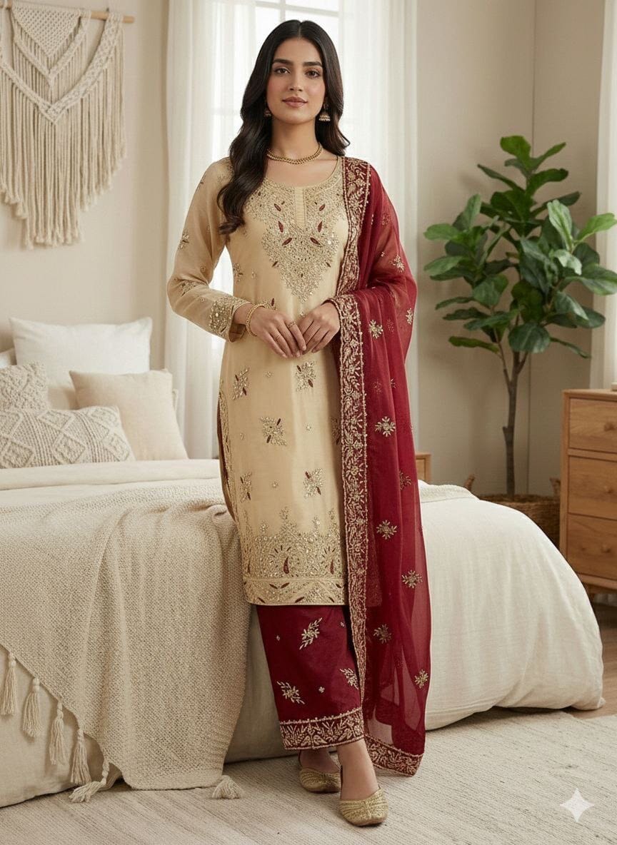 Maroon GMY SILK With Heavy Embroidery Sequence Designer Plazzo Suit Ready to Wear Designer Suits Shopin Di Apparels 