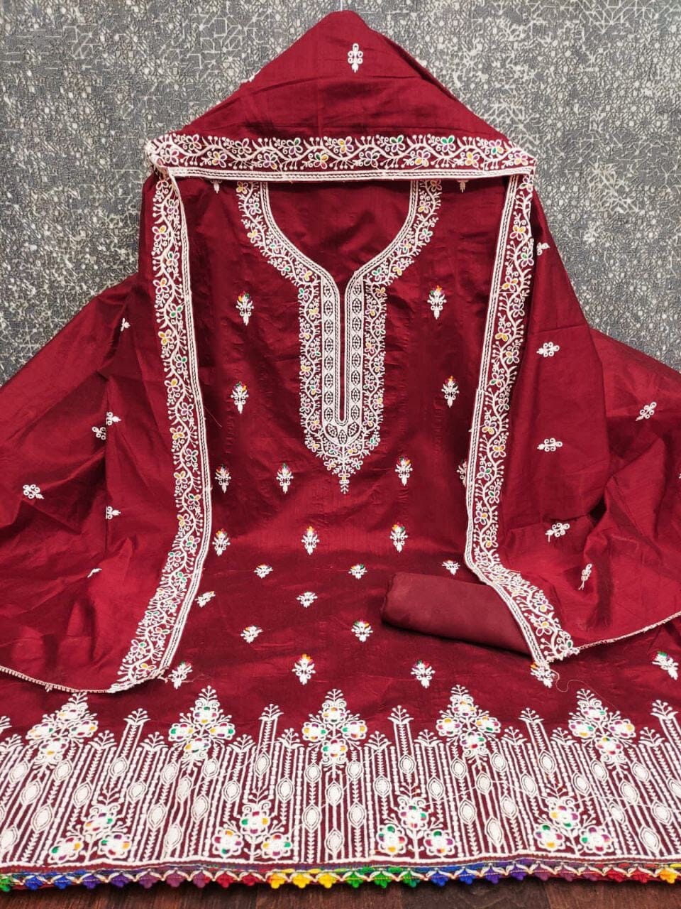 Maroon Heavy Chanderi Neck Embroidery Dress Material Dress Material Shopin Di Apparels 