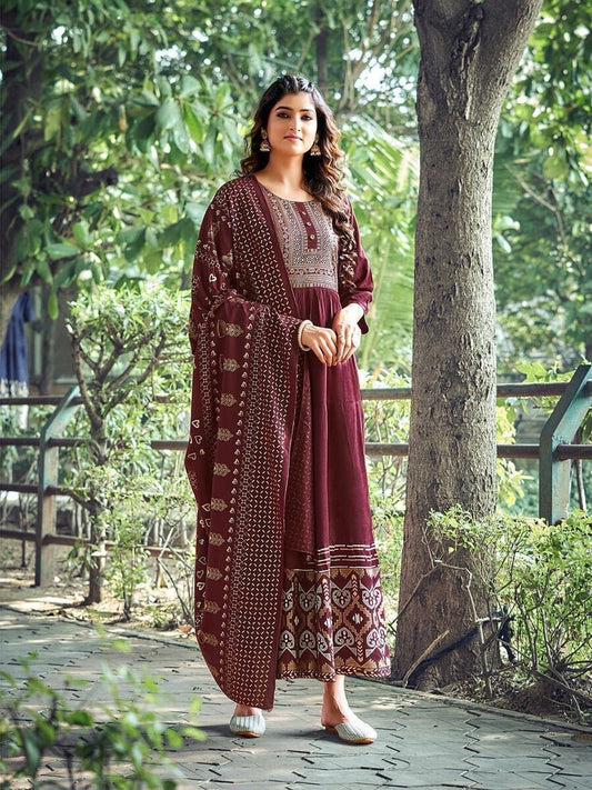 Maroon Heavy Rayon Foil Printed Long Gown Kurti with Dupatta Gown with Dupatta Shopin Di Apparels 